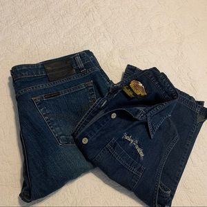 Harley Davidson set: sleeveless jean shirt and pair of HD jeans.